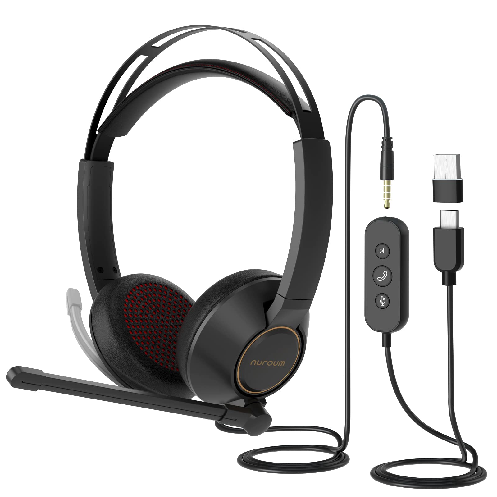 Nuroum HP11-DU USB Headset with Microphone for PC Laptop, 270° Rotatable Boom Mic, USB A/Type-C/3.5mm to PC/Mac/Mobile, Works with Zoom/Teams for Calling/Conference/Music, Dual-Ear Headphones(Stereo) — image 1