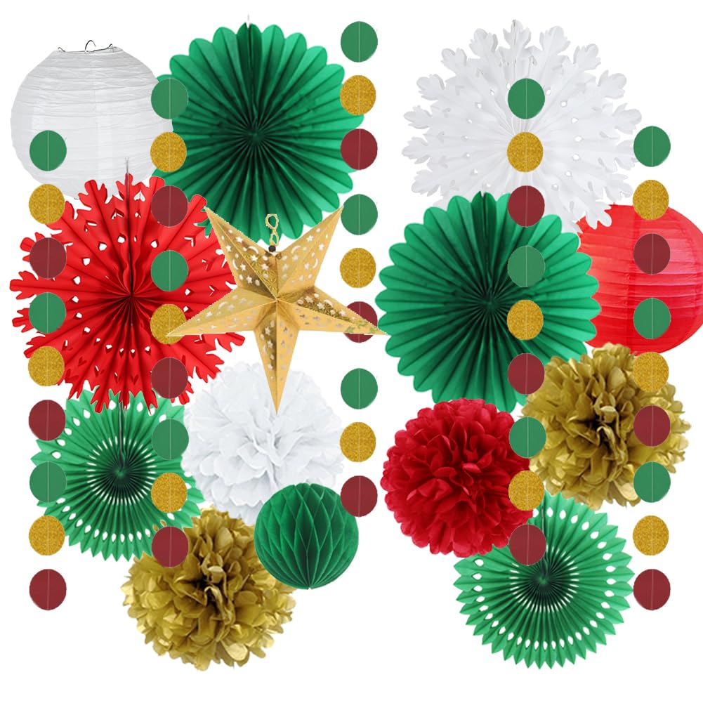 Christmas Paper Decorations Christmas Red Green Gold Paper Fans Pom Poms Honeycomb Balls Hanging Circle Dots Garland Gold Star Lanterns for Xmas New Year Eve Hanging Party Decor