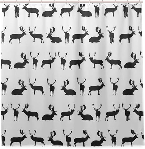 Amazon Ninehasa シャワーカーテン 防水 ポリエステル 風呂カーテン 浴室 おしゃれ かわいい ダマジカの座席に立って歩くポーズ影シルエットパターン狩り 取付簡単 浴室 間仕切り カーテンリング付属 シャワーカーテン ホーム キッチン オンライン通販