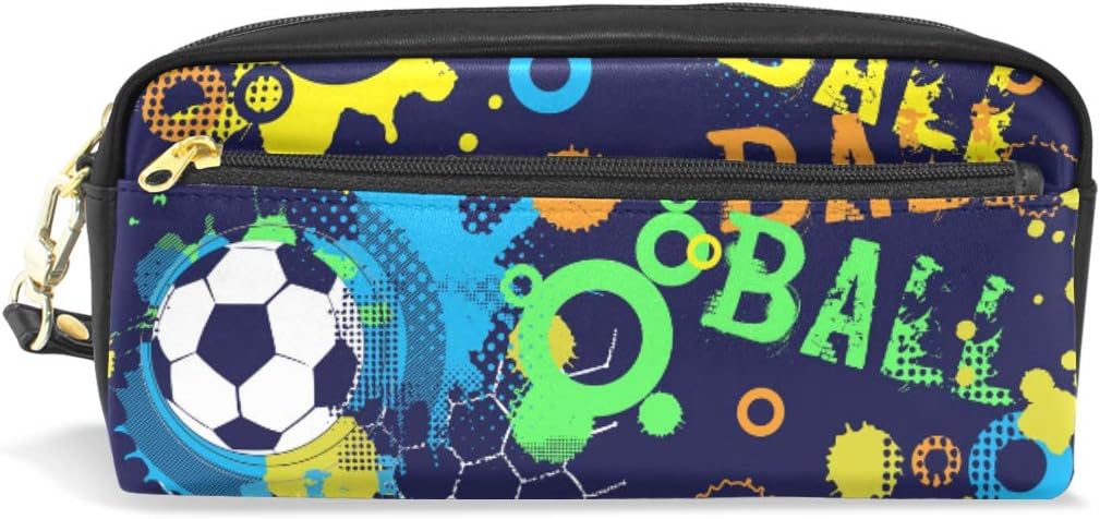 Amazon Sukau ペンケース 筆箱 サッカーボール柄 英字柄 絵文字 大容量 おしゃれ 革 高校生 女子 男子 中学生 多機能 ペンケース 文房具 オフィス用品
