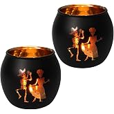 Skeleton Tealight Candle Holder - Black Day of The Dead Halloween Decor | Halloween Candle Holder: Black glass tealight votive Holders with dancing skull figures for day of the dead decorations