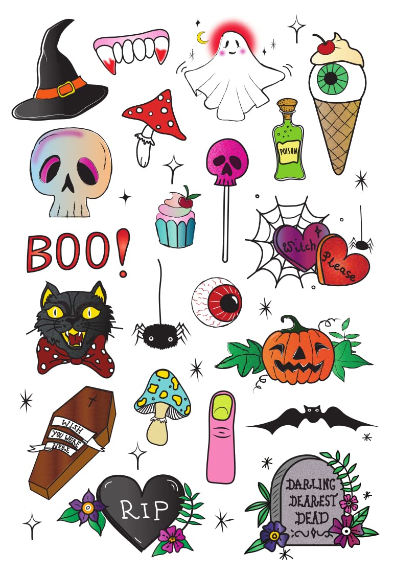 Tatsy Temporary Tattoo Set, The Halloween Set, Fake tattoos, Original, For Kids, For Boys, For Girls, For Adults, Unique Design, Cover Up, Halloween Accessories, Spooky, Ghost, Candy, Skull, Spider