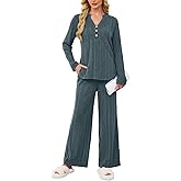 VUTRU Womens Ribbed Knit Lounge Set Long Sleeve Top and Long Pants 2 Piece Outfits Pajamas Sets Sleepwear PJ Sets