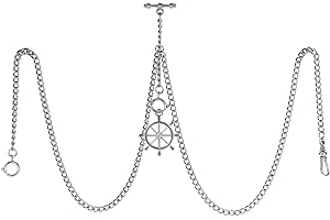 TREEWETO Men's Double Albert Chain Pocket Watch Curb Link Key Chain 3 Hooks with Antique Rudder Pendant Design Charm Fob T Bar