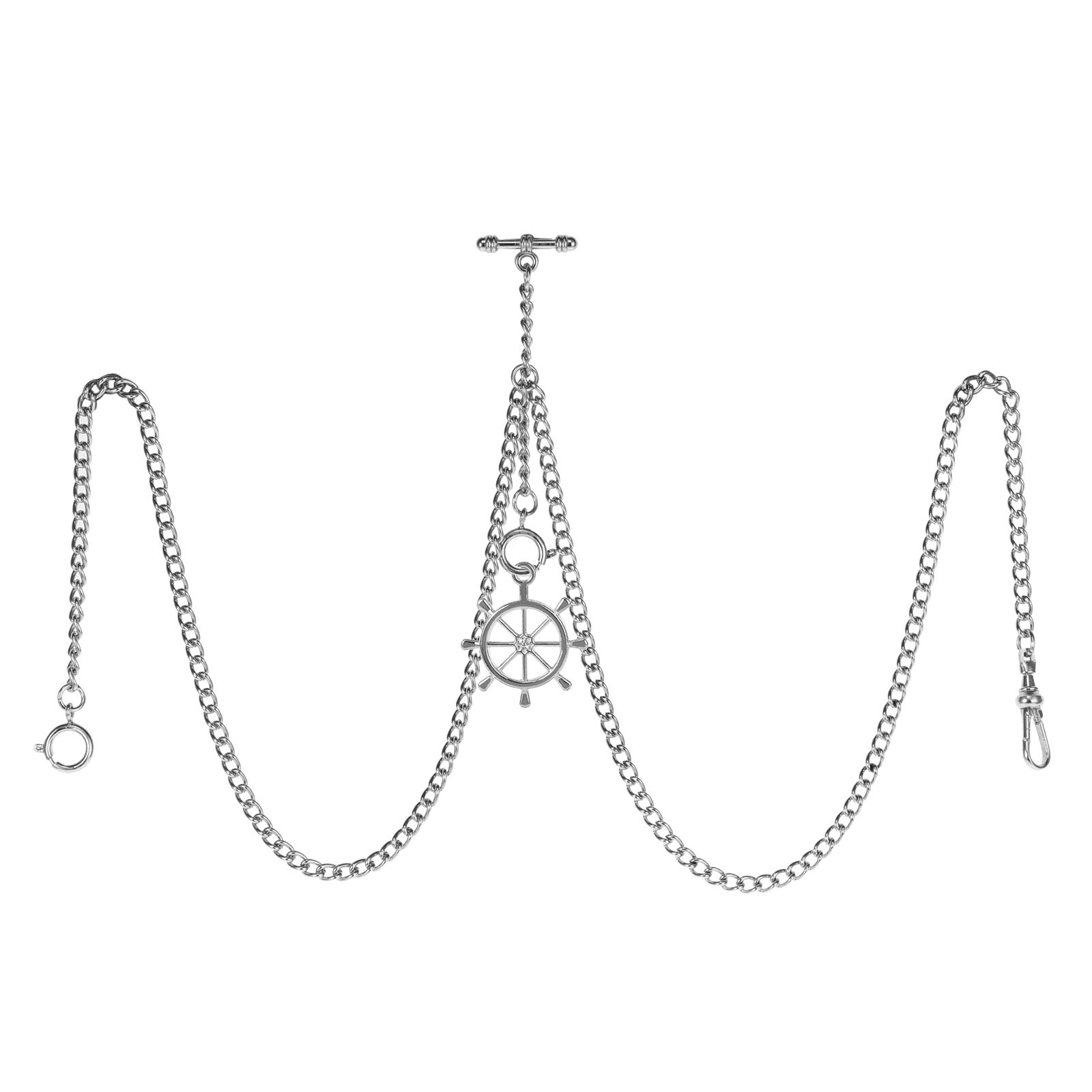 TREEWETO Men's Double Albert Chain Pocket Watch Curb Link Key Chain 3 Hooks with Antique Silver Rudder Pendant Design Charm Fob T Bar
