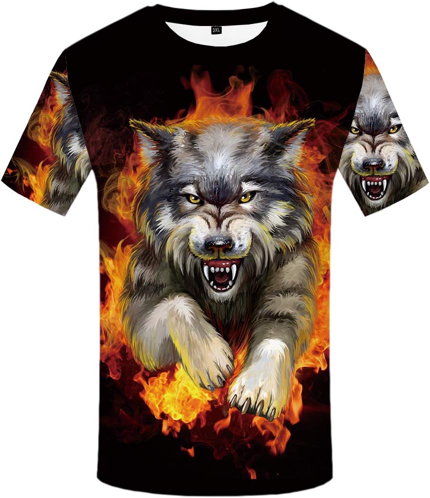 KYKU Combustion Wolf Shirts for Men Flame 3D Pattern Casual Fashion Short Sleeve Top (Medium)