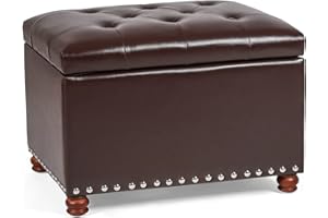 Decent Home Leather Storage Ottoman Bench Foot Rest Stool with Nailhead Trim (Dark Brown - Button Tufted Leather)
