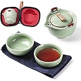 Travel Ceramic Tea Pot Set, Chinese Kung Fu Teapot 1 Pot 2 Mini Cup Porcelain Gongfu Teacups with Infuser Portable Bag All in One for Picnic Outdoor Camping Hotel