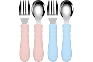 HAKSEN Baby Forks and Spoons Set, 4 PCS Child and Toddler Safe Flatware, Perfect Length for Baby Spoons Self Feeding, Stainless Steel Cutlery with Silicone Handle