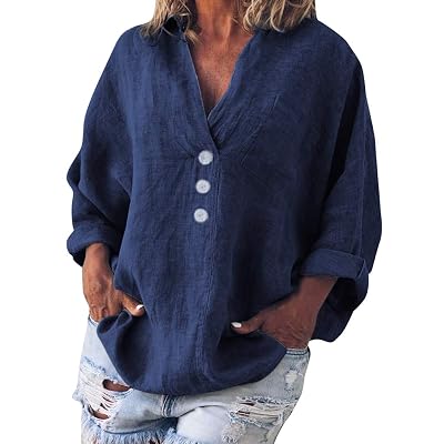 TUSANG Women Tees Fashion Plus Size Solid Casual Linen V-Neck Button Blouse T-Shirt Loose Flowy Comfy Tunic