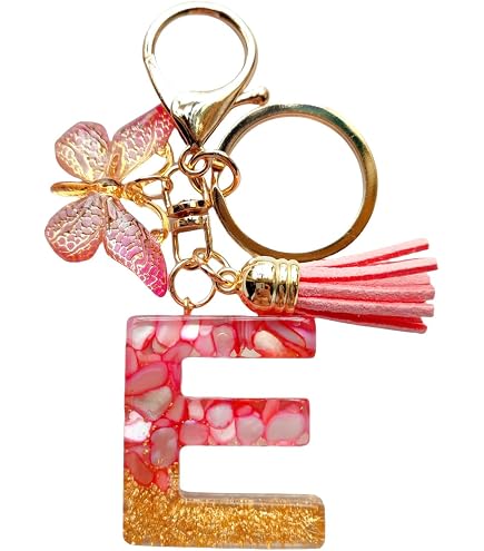 Cute Pink Initial Letter Keychains For Women & Girls - Personalized With Tassel, Butterfly Charm, Epoxy Resin