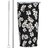 CHASOEA Daisy Flowers Tumbler 20oz Floral Stainless Steel Insulated Tumblers with Lid and Straw Black Travel Coffee Mug Tea Wine Cups Water Bottle Sport Gifts for Women