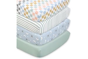 The Peanutshell 4-Pack Celestial Checkered Baby Crib Sheets for Boys Girls Gender Neutral Fitted Crib Sheet for Standard Crib