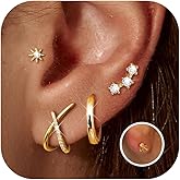 FUNRUN JEWELRY 925 Sterling Silver Small Gold Studs Earring Stack for Women Hypoallergenic 14K Gold Plated Flat Back Stud Earrings, Dainty Huggie Hoop & Stud Earrings Set for Multiple Piercing 4 Pairs