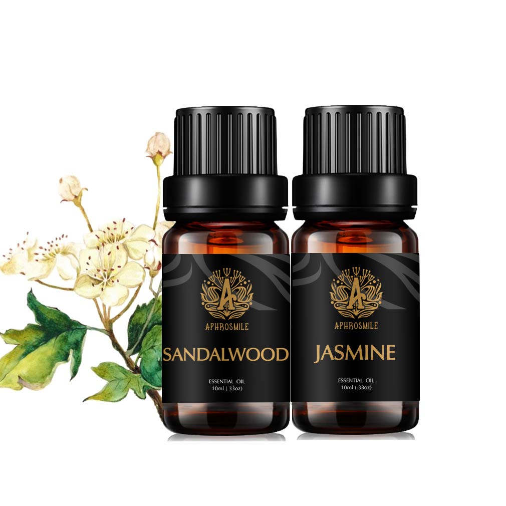 Jasmine and Sandalwood Essential Oils Set for Diffuser, Aromatherapy Kit for Humidifier, Therapeutic Grade 100% Pure Oil for Home, 2x10ml
