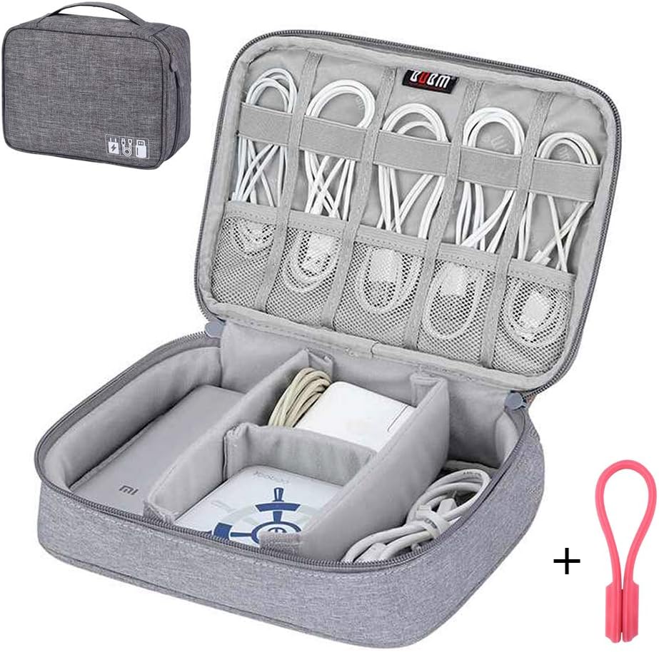 Cable Organiser Bag, Grey Cable Pouch Travel Electronics Organiser for Cables, Chargers, Memory Cards, CF Cards, Power Bank, with 1pcs Random Colour Headphone Holder
