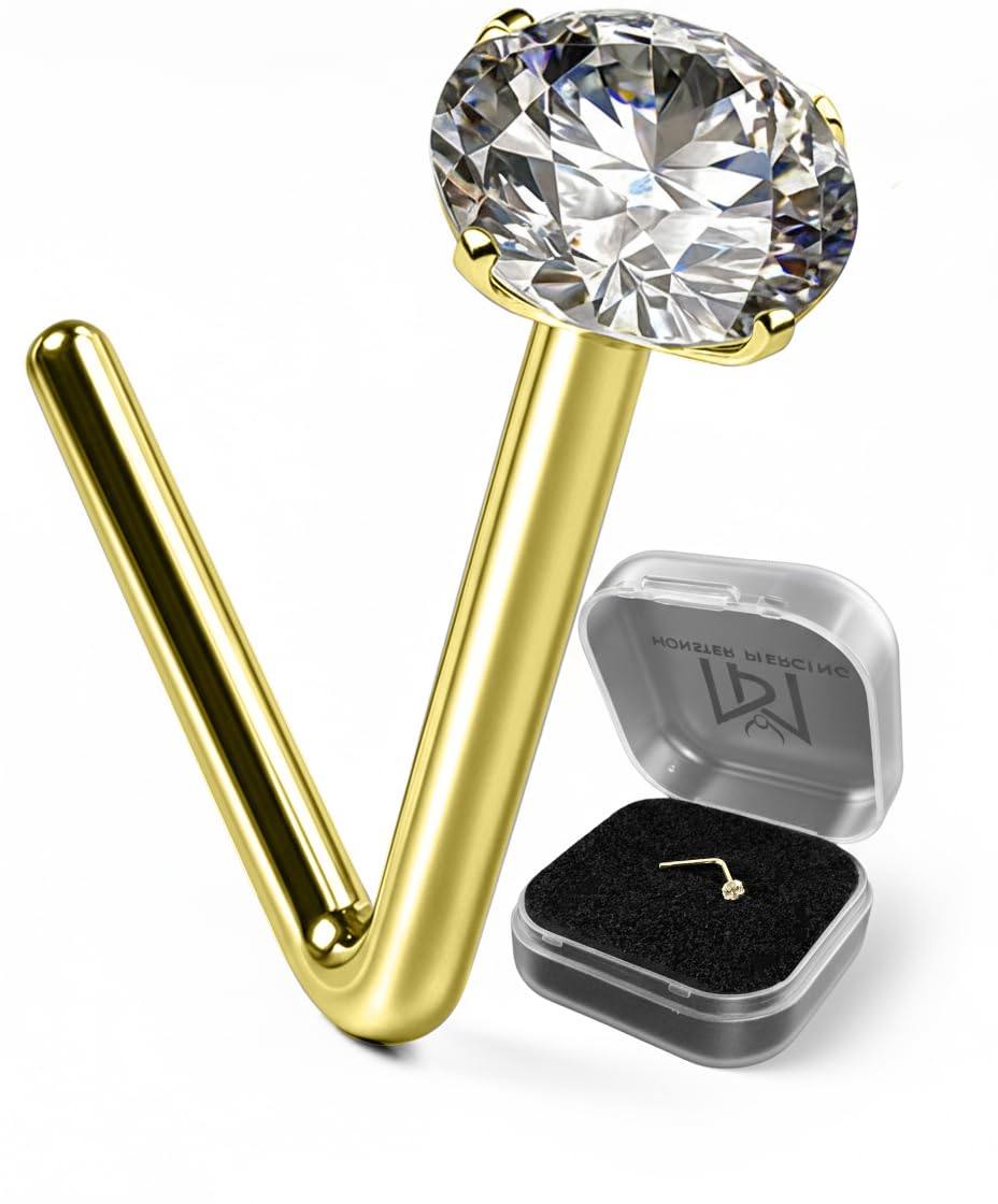 AZARIO LONDON 9K Yellow Gold Nose Stud Prong Set 1.5MM Round CZ Stone 22 Gauge L Bend Nose Stud Piercing