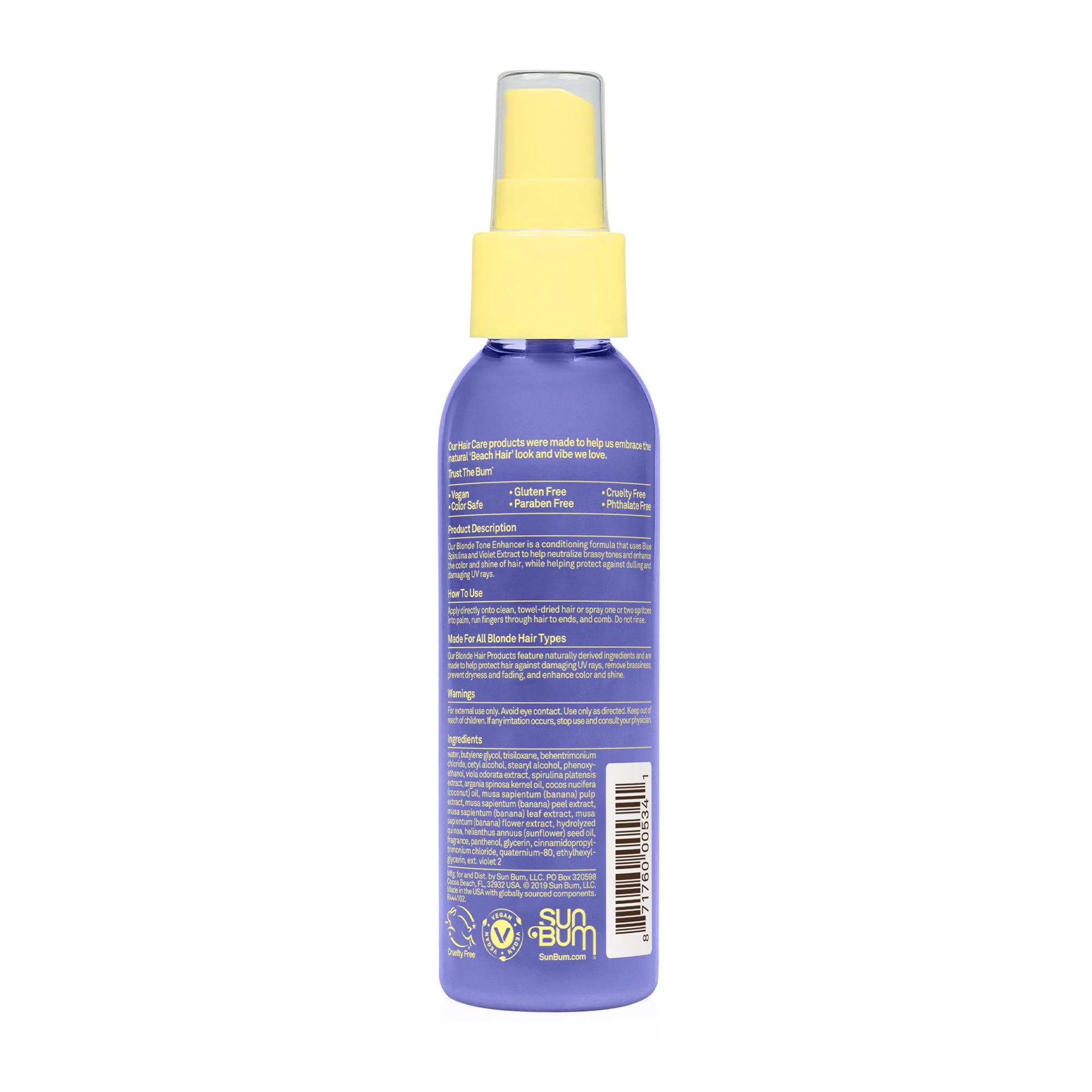 Sun Bum Blonde Tone Enhancer - Neutralizes Brass and Enhances Color and Shine of Blonde Hair - Protecting Toner against UV Rays - Made Without Parabens and Cruelty Free - 4 oz