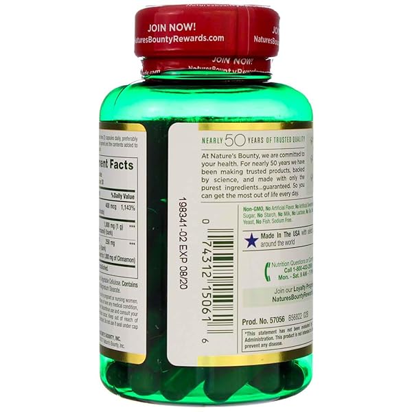 NATURE’S BOUNTY CINNAMON 2000MG PLUS CHROMIUM, SUGAR METABOLISM SUPPORT SUPPLEMENT, 60 CAPSULES