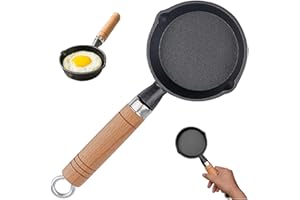 4 Inch Round Mini Cast Iron Skillet with Dual Pouring Spouts, Non-Stick Small Frying Pan with Hanging Wooden Handle for Stove