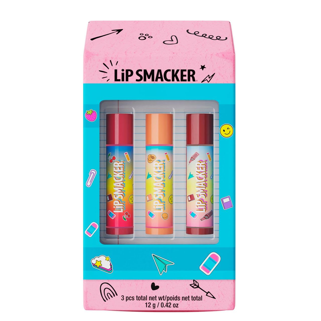 Lip Smacker Back to School Collection - 3-Piece Lip Balm Set for Kids in Cute Eraser Box Shape - School Themed Giftset
