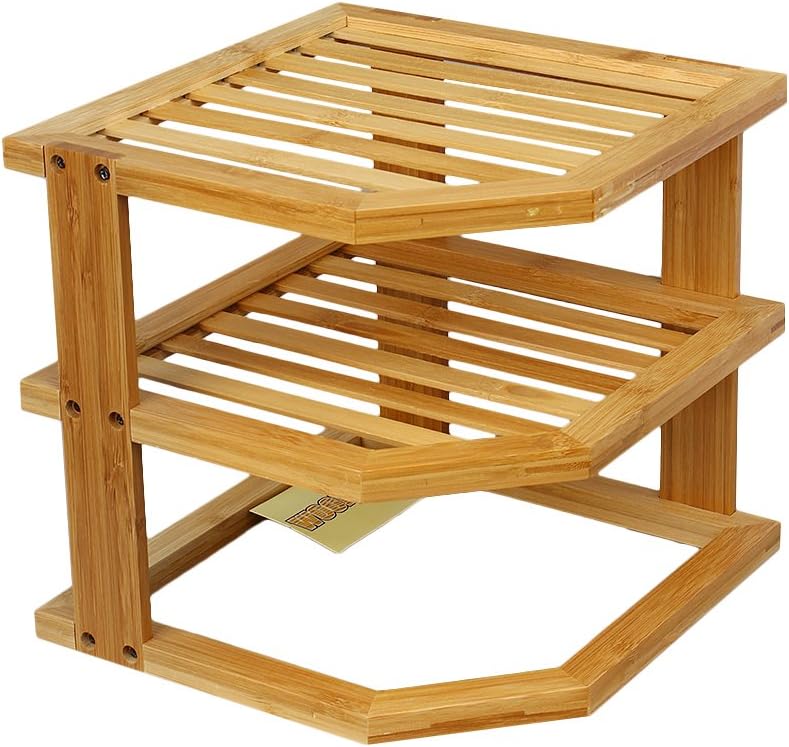 woodluv Corner Shelf Shelves Unit 3 Tier, Cupboard Organiser, Bathroom Shelf, Corner Organiser
