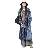 FioraMosaic Women's Vintage V-Neck Tie-Belt Long Denim Jacket Coat Streetwear Trench Coat with Graffiti Patchwork Design