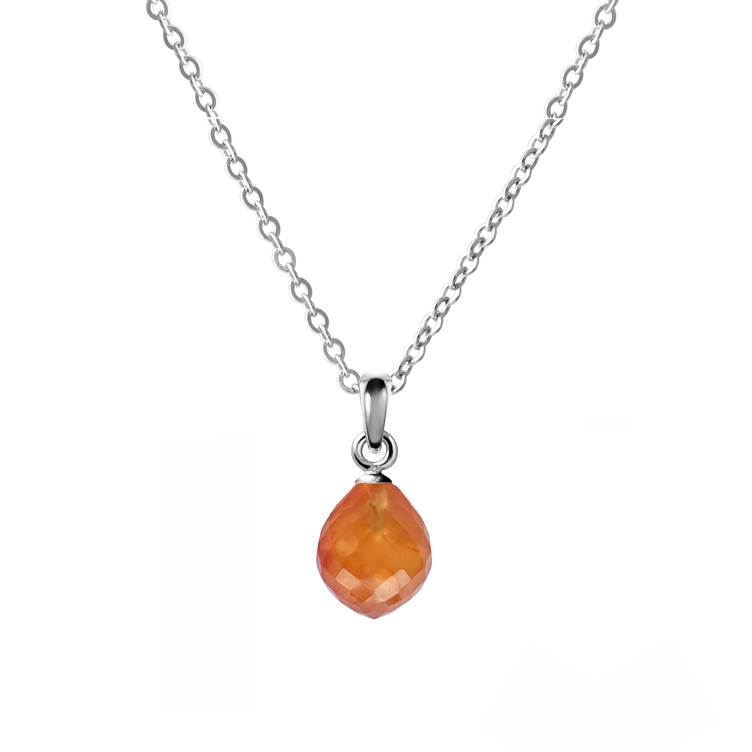 Franki Baker Small Dainty Natural Pear Carnelian Gemstone Pendant Necklace on 925 Sterling Silver. Chain Length: 50cm