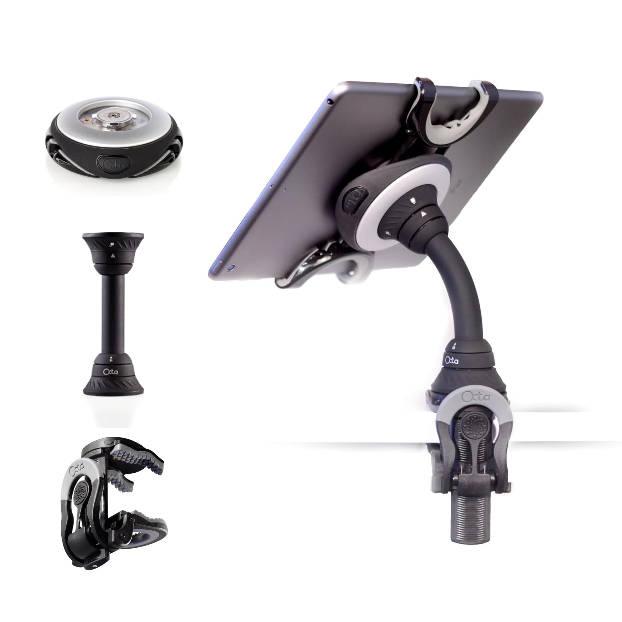 Octa Lynx - 3 in 1 Handle, Stand, and Portable Gooseneck Mount for iPad, Galaxy, Surface and More