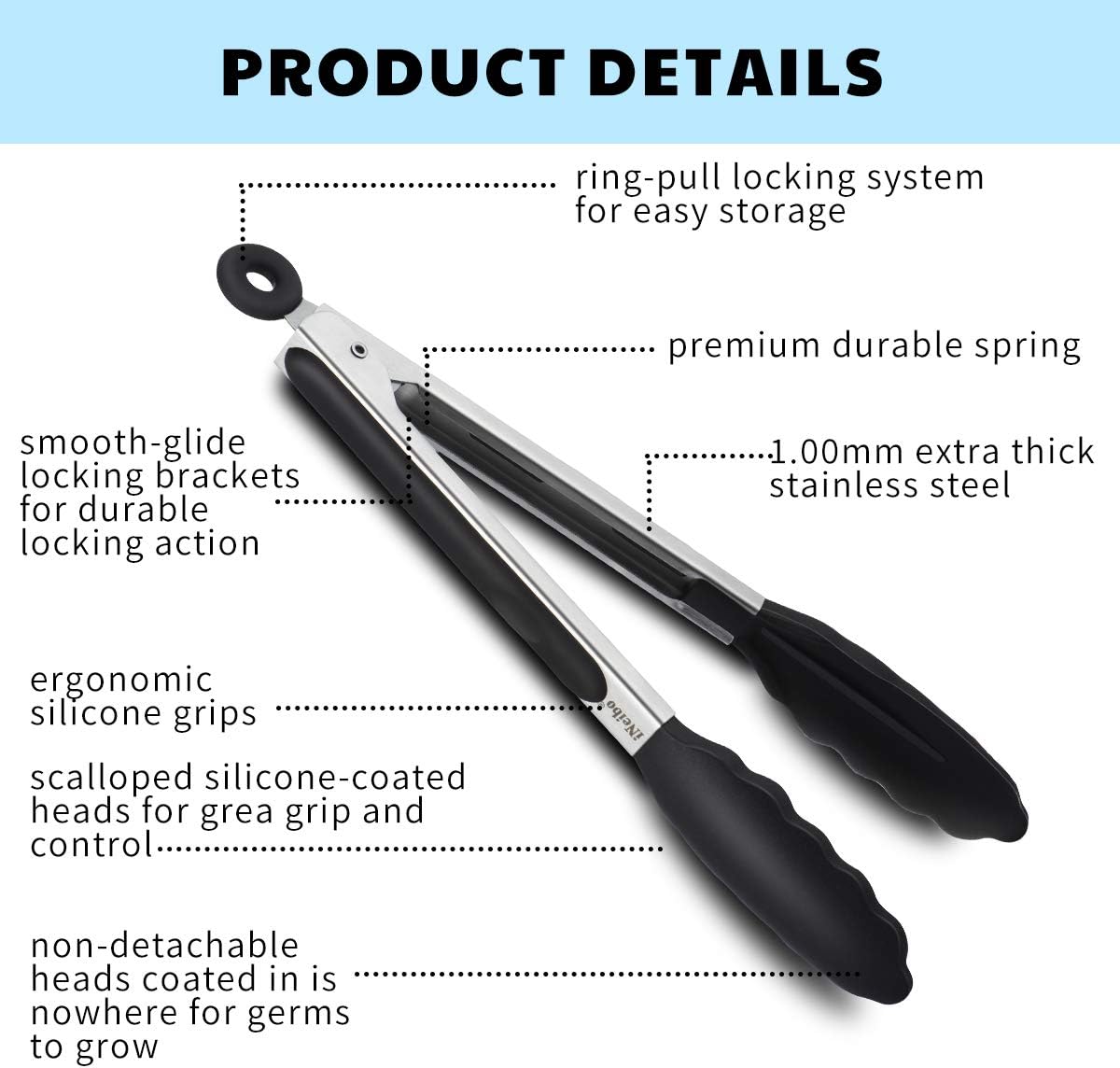 iNeibo Kitchen Tongs for Cooking, Black, 23 cm - Image 5