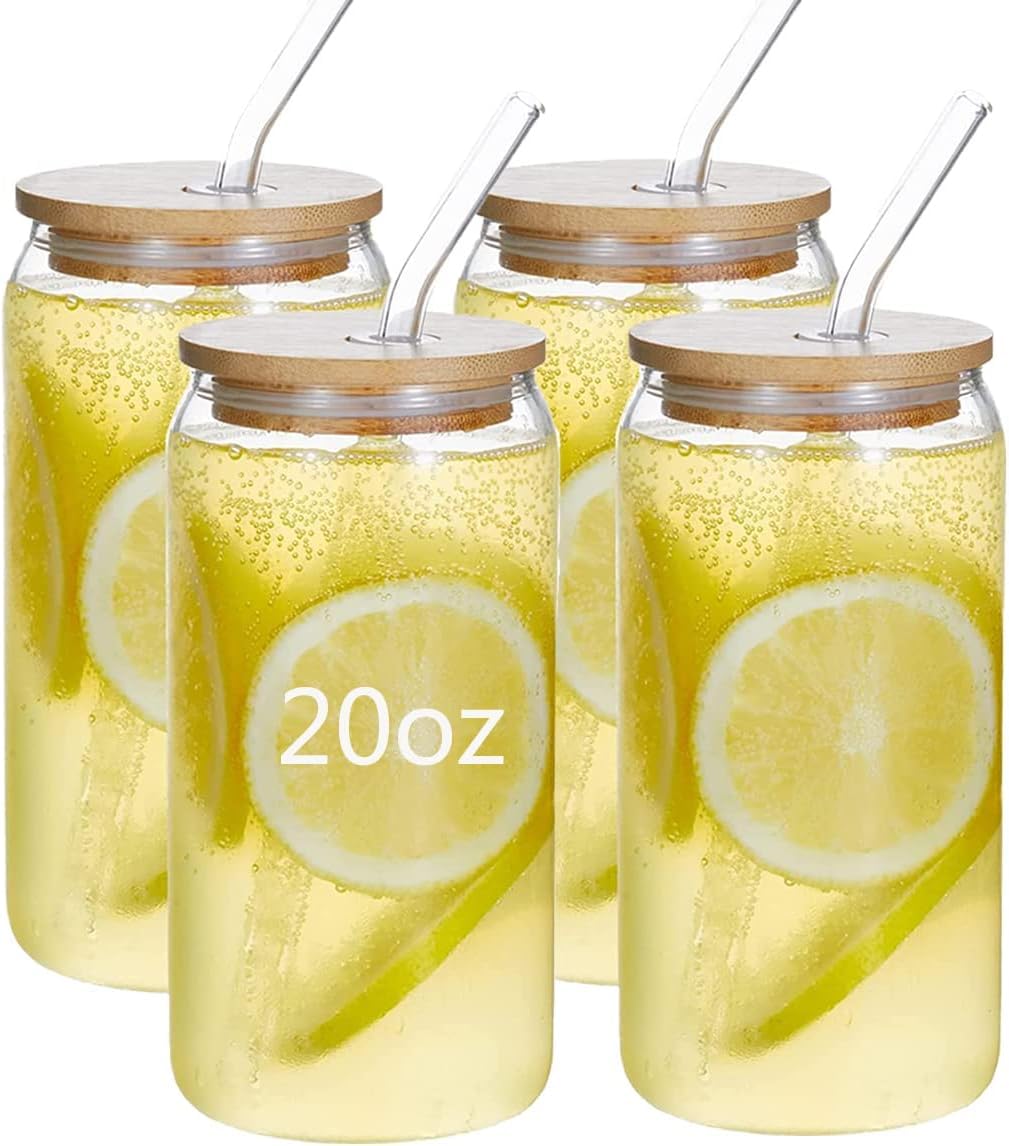 AISEY Glasses Drinking Set 20 oz, Glass Tumbler with Straw and Lid, Iced Coffee Cup Glass Cups with Lids and Straws, Drinking Glasses with Bamboo Lids and Straws, 4pcs Set