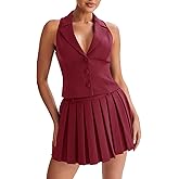 Cicy Bell Womens Summer 2 Piece Outfits V Neck Blazer Vest Matching Sets and Mini Pleated Skirts