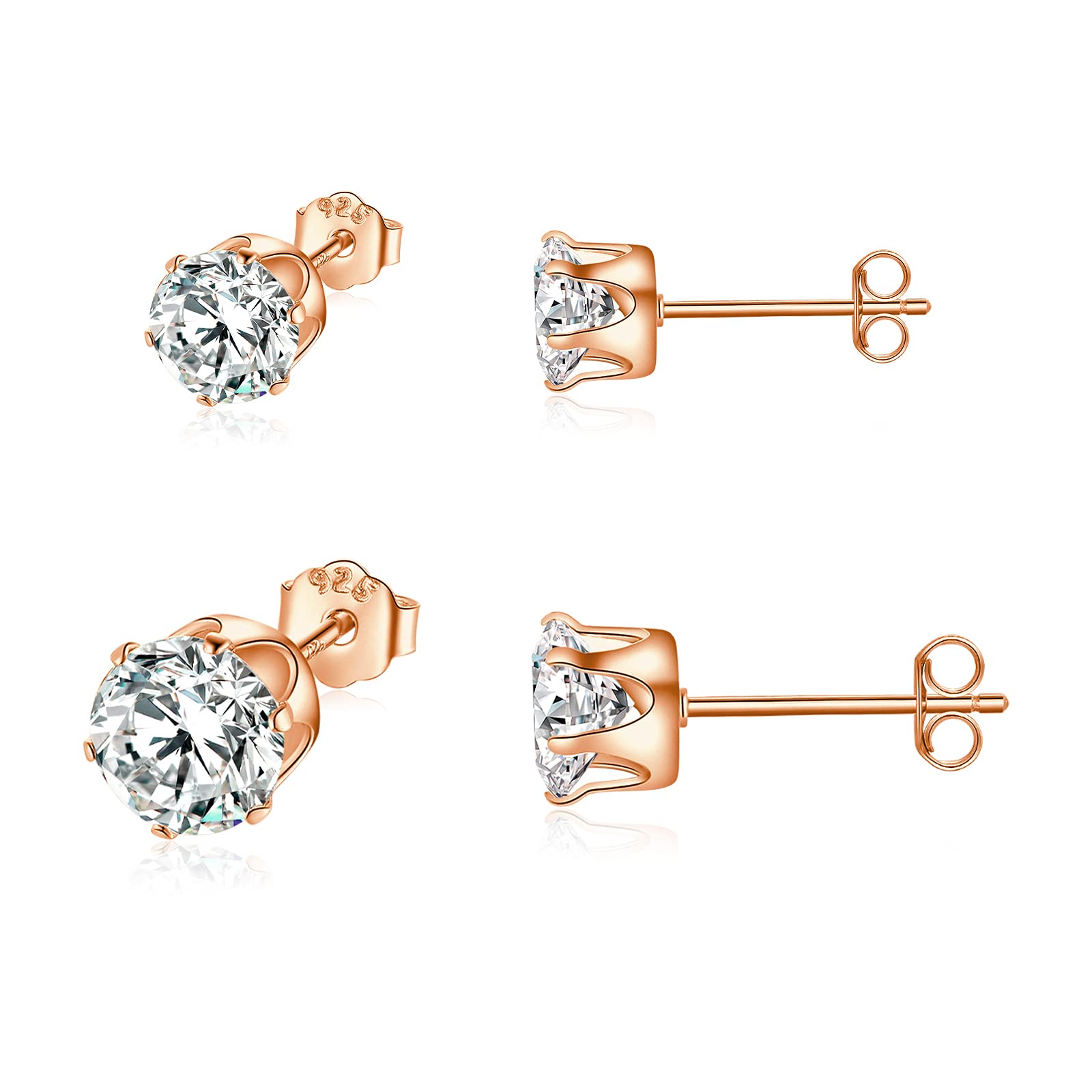 Shuxin Silver Stud Earrings for Women, 925 Sterling Silver Rose Gold Cubic Zirconia Stud Earrings Set, Tiny Small Sleeper Cartilage Studs, Sterling Silver Stud Earrings for Women Men Girls, 4mm + 6mm
