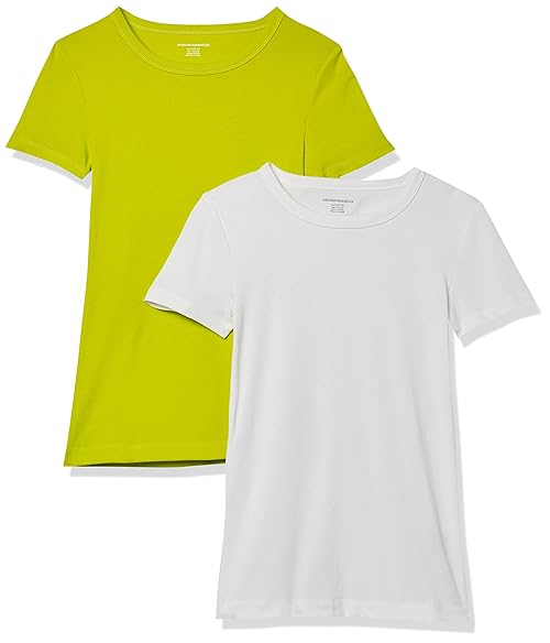 Amazon Essentials Women's Slim-Fit Short-Sleeve Crewneck T-Shirt, Pack of 2, White/Lime Green, Small