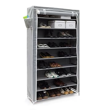 Relaxdays Schuhschrank VALENTIN hoch HxBxT: 161 x 88 x 30 cm Schuhregal mit Stoffbezug und 10 Ablagen Stoffschrank mit Reißve