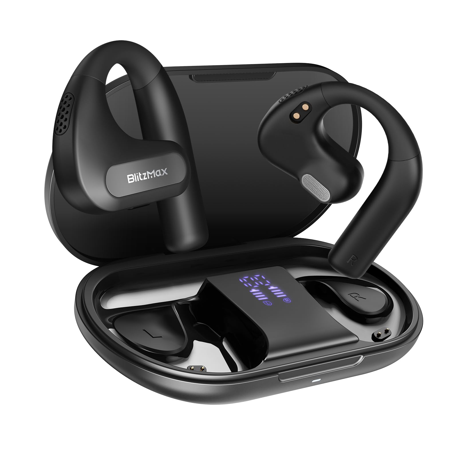 Photo 1 of BlitzMax Open Ear Headphones, True Wireless Bluetooth 5.3 Open Ear Earbuds, Enhanced Bass 16.2mm Drivers, Long-Lasting Comfort, 60H Playtime LED Display, IPX5 Waterproof for Sports, Driving
