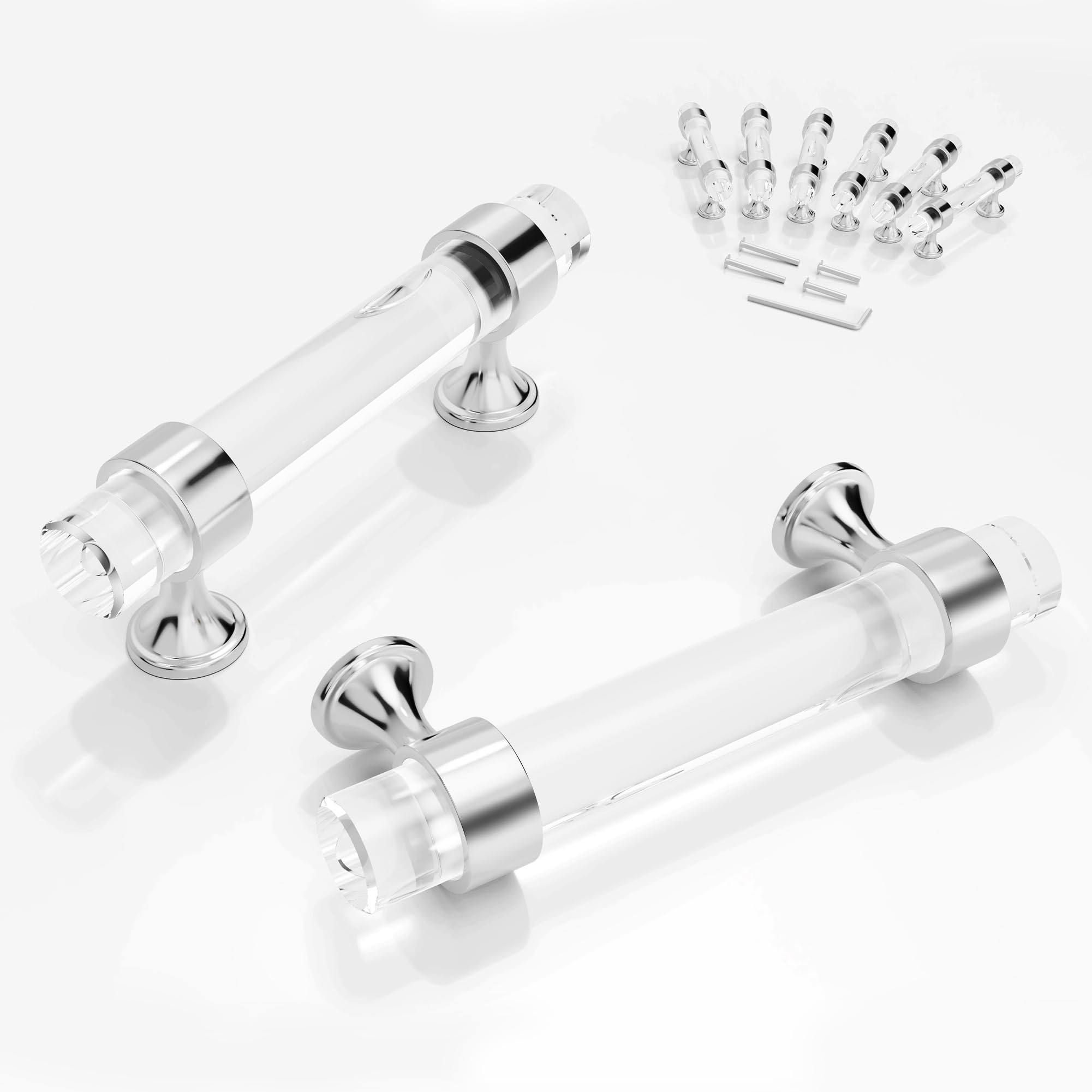 Photo 1 of 6 Pack 3 Inch Clear Glass Cabinet Pulls and Knobs, Crystal Cabinets Drawers Cupboard Dresser Wardrobes Vanity Furniture Handles 76mm, Polished Chrome with L-Wrench