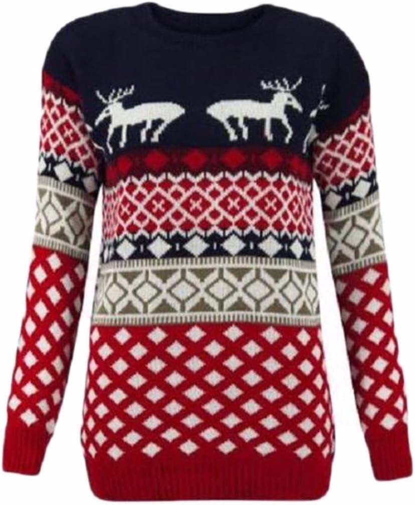 URBAN CULT Womens Crew Neck Long Sleeve Christmas Print Knitted Jumpers (Reindeer Print) RED White/S-M