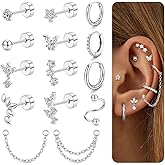 Cartilage Earrings for Women - 14K Gold Plated Flat Back Helix Conch Tragus Piercing Jewelry Single Stainless Steel Stud Earrings Hoops Stackable Set