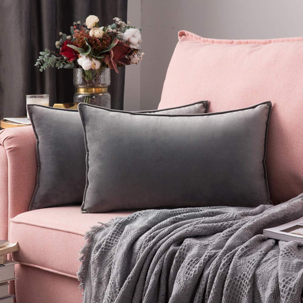 MIULEE Velvet Cushion Covers 40cm x 60cm Light Grey Decorative Oblong Throw Pillow Covers Rectangular Flanges Pillowcases Soft for Livingroom Sofa Bedroom with Invisible Zipper 16 x 24 Inch Pack of 2