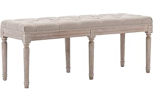 Kmax 45.3" Upholstered Dining Room Bench, Rustic Living Room Ottoman Bench with Carved Pattern & Rustic White Brushed Rubber Wood Legs, Beige