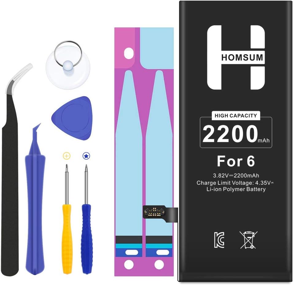 HOMSUM Battery for iPhone 6, Include Complete Repair Tool Kits, 2xGlue Adhesive & Instructions - Full 2200mAH Capacity 0 Cycle - 2-Year Warranty