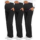 Sweetyweee 3 Pack Women's Maternity Scrub Pants 6 Pockets Cargo Pants Stretchy Comfy Workwear Straight Leg Pregnancy Pants