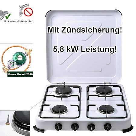 CAGO Campingkocher Gaskocher 4-flammig mit Zündsicherung | inkl. Gasschlauch und Gasregler mit Manometer Gas Füllstandsanzeig