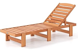 COSTWAY Solid Wood Chaise Lounge, Outdoor Lounge Chair with 5-Position Adjustable Backrest, Wooden Patio Lounger for Sunbathi