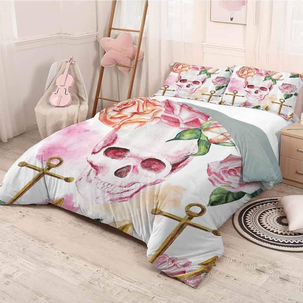 HELLOLEON Skull Decorations Extra Large Quilt Cover Nautical Anchor Flowers Roses and Peonies Vintage Art Decor Painting Can be Used as a Quilt Cover-Lightweight (Twin) Pink Orange