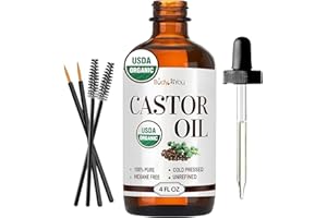 BodyJ4You Organic Castor Oil - 100% Pure Natural Cold Pressed USDA Certified Organic - Hexane Free Unrefined Non GMO - Lashes & Eyebrow Kit Mascara Tube Brush Wand Hydrating Oil - Glass Bottle 4oz