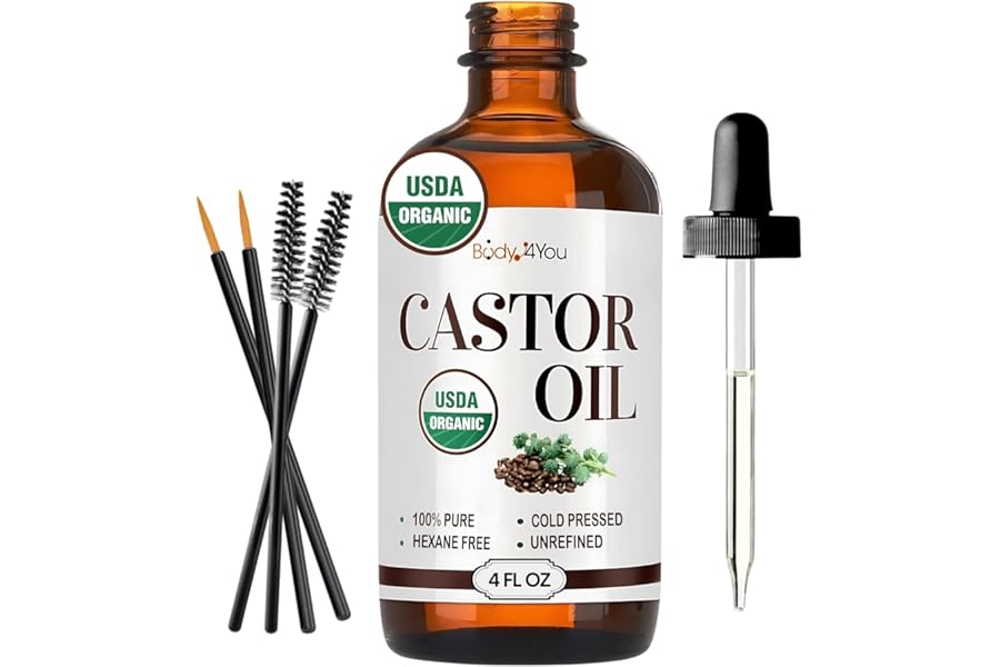 BodyJ4You Organic Castor Oil – 100% Pure Natural Cold Pressed USDA Certified Organic – Hexane Free Unrefined Non GMO – Lashes & Eyebrow Kit Mascara Tube Brush Wand Hydrating Oil – Glass Bottle 4oz