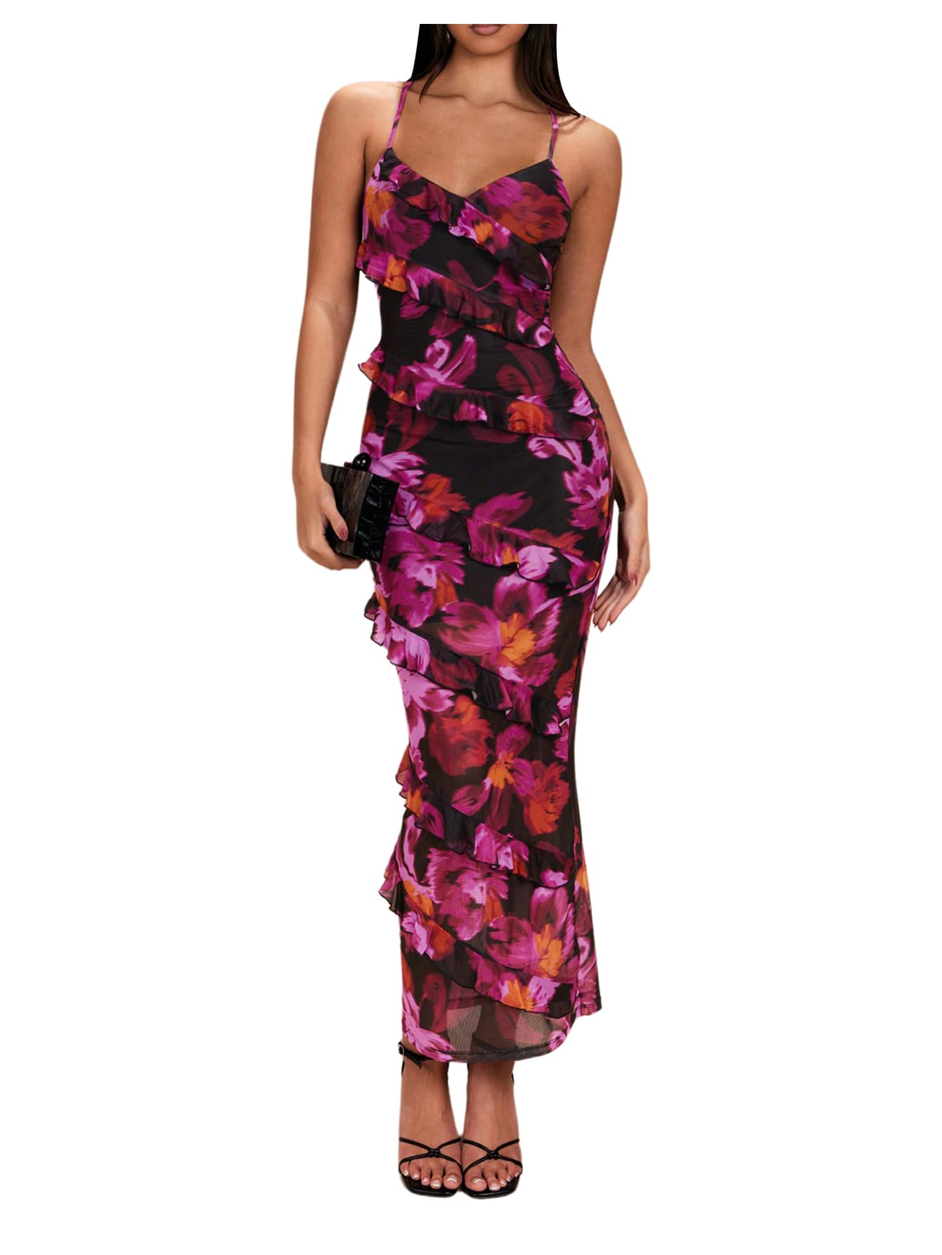 Photo 1 of Milumia Women's Floral Ruffle Trim Criss Cross Backless Bodycon Maxi Cami Dress Multicolor X-Small