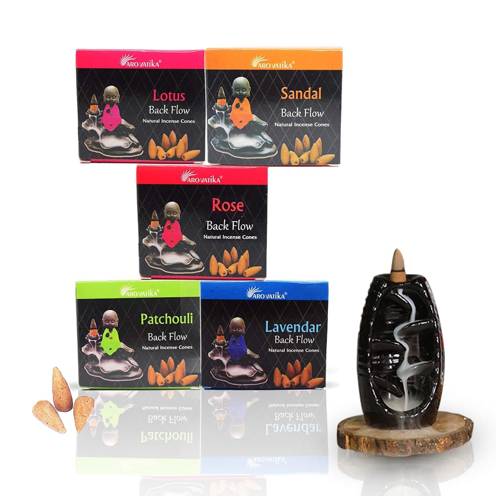 ARO VATIKA Natural Masala Pack 'B' Backflow Incense 50 Cones with 5 Assorted Fragrances of Patchouli, Sandal, Lavender, Rose, Lotus | Best for Prayer, Meditation & Relaxation | Burn time-16-18mins